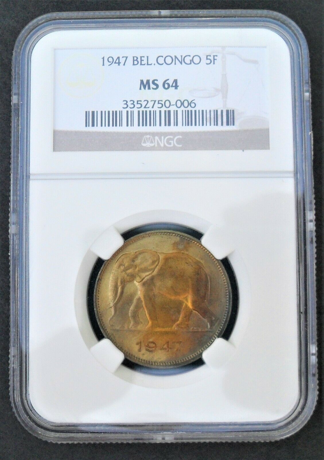 1947 Belgian Congo 5 F , Ngc  Ms 64  , Nice  Coin , One Of The Best Graded